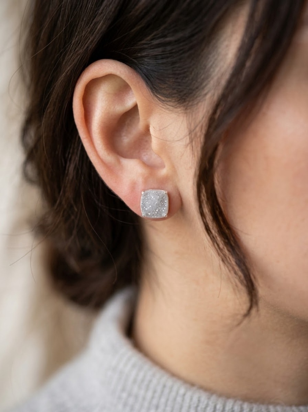 White Sparkle Druzy Square Stud Earrings | Silver Prong Setting